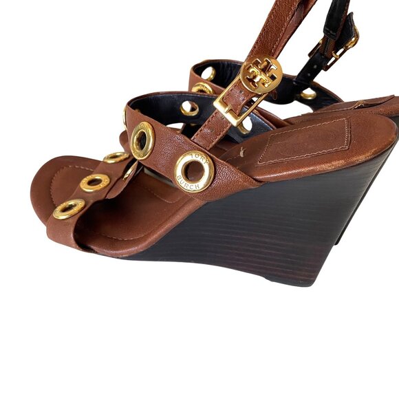 Tory Burch Kathryn Brown Leather Gold Grommet Wedge Sandals Sz 8.5 Designer Luxu - Picture 5 of 15